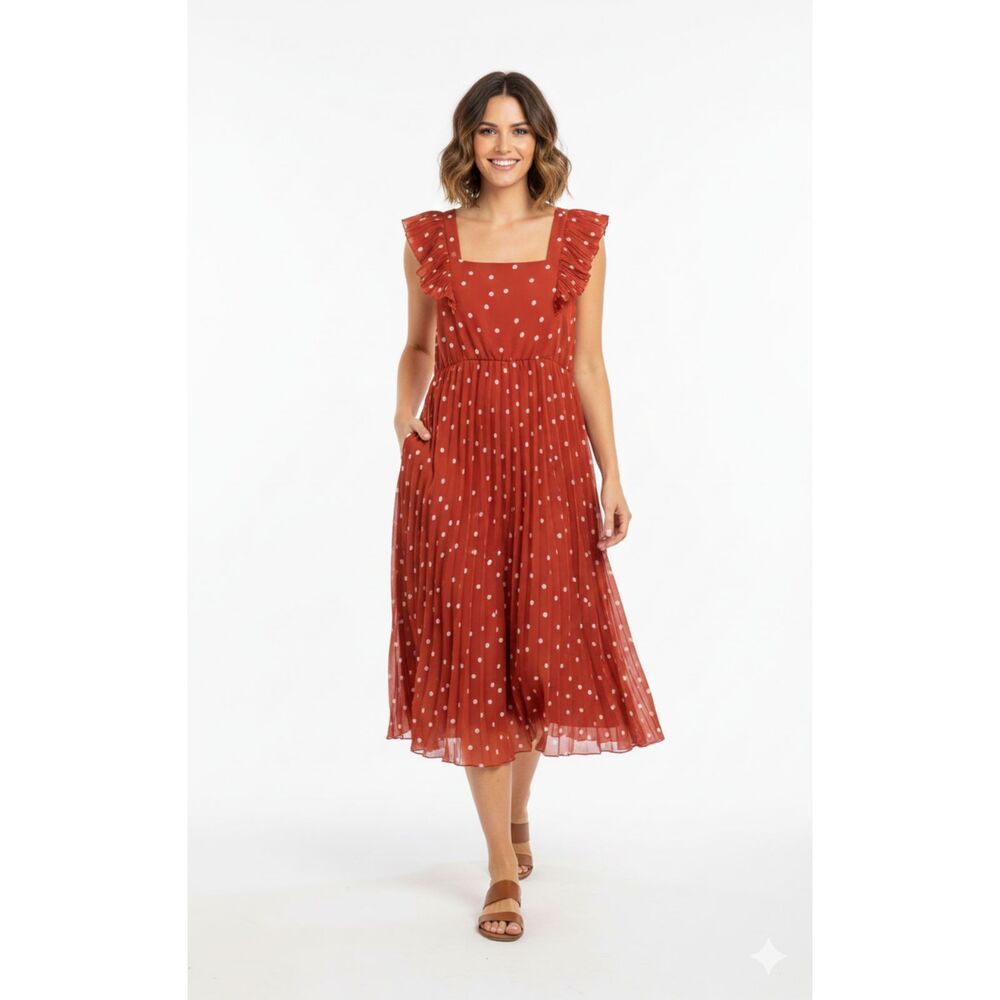ASOS DESIGN Rust Polka Dot Pleated Skater Midi Dress Square Neck Side Zip Sz 10